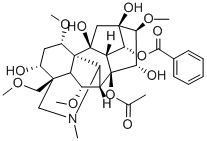 1α,6α,16β-トリメトキシ-4-(メトキシメチル)-20-メチルアコニタン-3α,8,10,13,14α,15α-ヘキサオール8-アセタート14-ベンゾアート 化学構造式