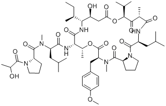 N-(L-Lac-L-Pro-N-メチル-D-Leu-)シクロ[L-Thr*-[(3S,4R)-3-ヒドロキシ-4-[(S)-1-メチルプロピル]-γAbu-]-[(2S,4S)-4-ヒドロキシ*-2,5-ジメチル-3-オキソヘキサノイル]-L-Leu-L-Pro-N,O-ジメチル-L-Tyr-] 化学構造式