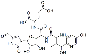 2-[[2-[[2-amino-4-hydroxy-4-(5-hydroxypyridin-2-yl)-3-methyl-butanoyl] amino]-2-[5-(4-formyl-2-oxo-3H-imidazol-1-yl)-3,4-dihydroxy-oxolan-2-y l]acetyl]amino]pentanedioic acid Struktur