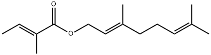 (E)-2-メチル-2-ブテン酸[(E)-3,7-ジメチル-2,7-オクタジエニル] 化学構造式