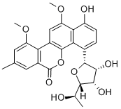4-(6-デオキシ-α-L-ガラクトフラノシル)-1-ヒドロキシ-10,12-ジメトキシ-8-メチル-6H-ベンゾ[d]ナフト[1,2-b]ピラン-6-オン 化学構造式
