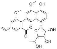 4-(6-デオキシ-α-D-ガラクトフラノシル)-8-エテニル-1-ヒドロキシ-10,12-ジメトキシ-6H-ベンゾ[d]ナフト[1,2-b]ピラン-6-オン 化学構造式