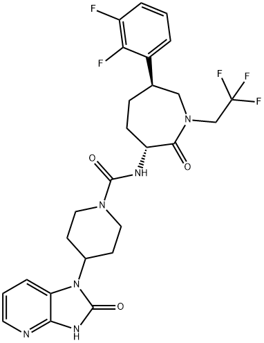 N-[(3R,6S)-6-(2,3-二氟苯基)六氢-2-氧代-1-(2,2,2-三氟乙基)-1H-氮杂卓-3-基]-4-(2,3-二氢-2-氧代-1H-咪唑并[4,5-B]吡啶-1-基)-1-哌啶甲酰胺, 781649-09-0, 结构式