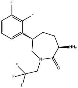 (3R,6S)-3-アミノ-6-(2,3-ジフルオロフェニル)-1-(2,2,2-トリフルオロエチル)アゼパン-2-オン 化学構造式