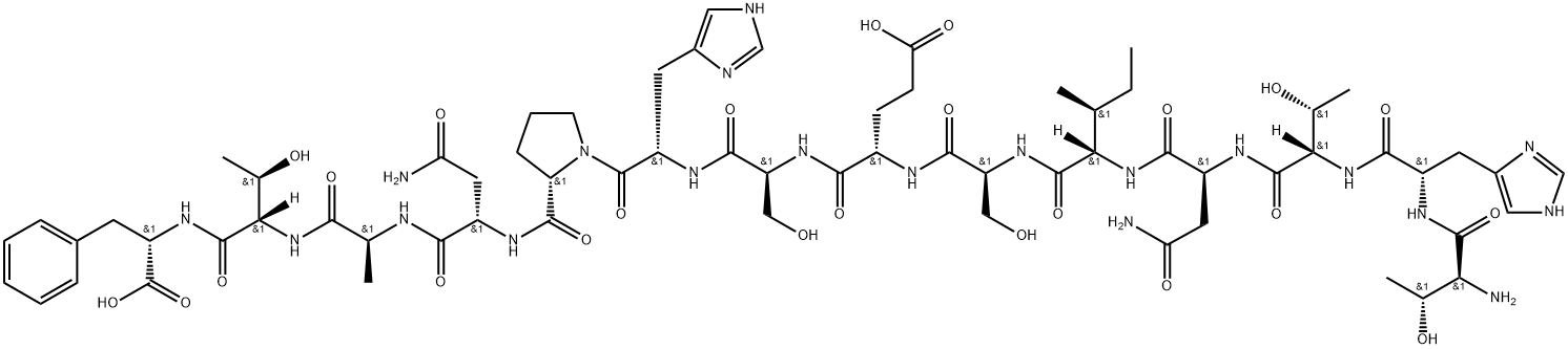 L-苏氨酰基-L-组胺酰基-L-苏氨酰基-L-天冬氨酰基-L-异亮氨酰基-L-丝氨酰基-L-ALPHA-谷氨酰基-L-丝氨酰基-L-组胺酰基-L-脯氨酰基-L-天冬氨酰基-L-丙氨酰基-L-苏氨酰基-L-苯丙氨酸, 78183-34-3, 结构式