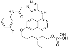 2-[Ethyl[3-[[4-[[1-[2-[(3-fluorophenyl)amino]-2-oxoethyl]-1H-pyrazol-4-yl]amino]quinazolin-7-yl]oxy]propyl]amino]ethyl dihydrogen phosphate Struktur