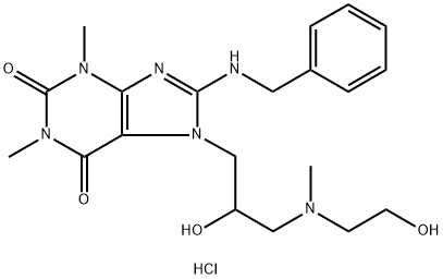 1H-Purine-2,6-dione, 3,7-dihydro-1,3-dimethyl-7-(2-hydroxy-3-((2-hydro xyethyl)methylamino)propyl)-8-((phenylmethyl)amino)-, monohydrochlorid e|