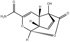 (1S)-1β,4aβ,5,7aβ-テトラヒドロ-5β-ヒドロキシ-8-オキソ-1α,5α-(エポキシメタノ)シクロペンタ[c]ピラン-3-カルボアミド 化学構造式