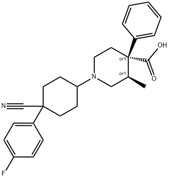 rac-(3R*)-1-[4α-シアノ-4β-(4-フルオロフェニル)シクロヘキサン-1α-イル]-3α*-メチル-4α*-フェニル-4β*-ピペリジンカルボン酸 化学構造式