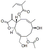 (Z)-2-メチル-2-ブテン酸[(3aR,4R,5Z,7S,9S,10Z,11aR)-9-アセトキシ-2,3,3a,4,7,8,9,11a-オクタヒドロ-7-ヒドロキシ-10-ヒドロキシメチル-6-メチル-3-メチレン-2-オキソシクロデカ[b]フラン-4-イル] 化学構造式
