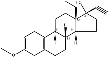 (±)-13-エチル-3-メトキシ-18,19-ジノルプレグナ-2,5(10)-ジエン-20-イン-17-オール 化学構造式
