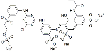 tetrasodium 3-[[5-[[4-chloro-6-[[3-[[2-(sulphonatooxy)ethyl]sulphonyl]phenyl]amino]-1,3,5-triazin-2-yl]amino]-2-sulphonatophenyl]azo]-4-hydroxy-5-[(1-oxopropyl)amino]naphthalene-2,7-disulphonate Struktur