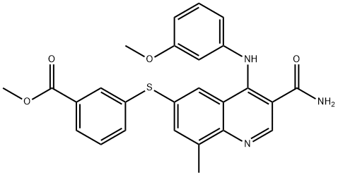 3 - ((3-氨基甲酰基-4 - ((3-甲氧基苯基)氨基)-8-甲基喹啉-6-基)硫代)苯甲酸甲 结构式