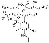 N-[4-[(4-Amino-3-sulfonatophenyl)(4-ethylamino-3-methyl-5-sodiosulfophenyl)methylene]-2-sodiosulfo-2,5-cyclohexadien-1-ylidene]aminium Structure