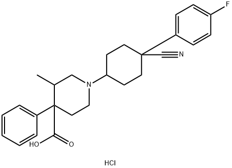 1-[4-cyano-4-(4-fluorophenyl)cyclohexyl]-3-methyl-4-phenylpiperidine-4-carboxylic acid monohydrochloride Structure