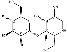 (2R)-2α-ヒドロキシメチル-3β-(α-D-グルコピラノシルオキシ)ピペリジン-4α,5β-ジオール 化学構造式