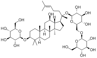 3β-(β-D-グルコピラノシルオキシ)-12β-ヒドロキシ-5α-ダンマラ-24-エン-20-イル6-O-β-D-グルコピラノシル-β-D-グルコピラノシド 化学構造式