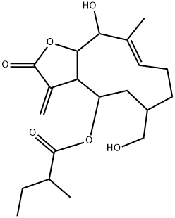 2-Methylbutanoic acid [2,3,3a,4,5,6,7,8,11,11a-decahydro-11-hydroxy-6-hydroxymethyl-10-methyl-3-methylene-2-oxocyclodeca[b]furan-4-yl] ester 结构式