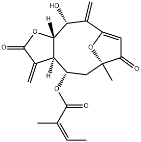 (Z)-2-メチル-2-ブテン酸[(3aR,4S,6R,11R,11aS)-2,3,3a,4,5,6,7,10,11,11a-デカヒドロ-11-ヒドロキシ-6-メチル-3,10-ビス(メチレン)-2,7-ジオキソ-6,9-エポキシシクロデカ[b]フラン-4-イル] 化学構造式