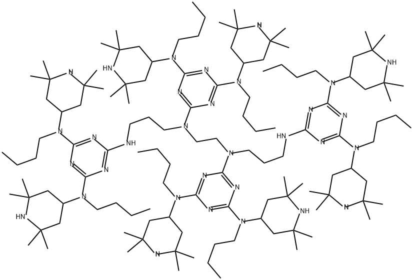 N,N',4,7-テトラキス[4,6-ビス[N-ブチル-N-(2,2,6,6-テトラメチル-4-ピペリジニル)アミノ]-1,3,5-トリアジン-2-イル]-4,7-ジアザデカン-1,10-ジアミン 化学構造式