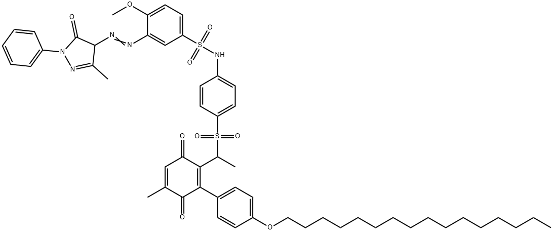 3-[(4,5-dihydro-3-methyl-5-oxo-1-phenyl-1H-pyrazol-4-yl)azo]-N-[4-[[1-[2-[4-(hexadecyloxy)phenyl]-4-methyl-3,6-dioxocyclohexa-1,4-dien-1-yl]ethyl]sulphonyl]phenyl]-4-methoxybenzenesulphonamide 结构式