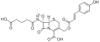 (7S)-7-[(4-カルボキシ-1-オキソブチル)アミノ]-7-メトキシ-3-[[[(E)-3-(4-ヒドロキシフェニル)-1-オキソ-2-プロペニル]オキシ]メチル]セファム-3-エン-4-カルボン酸 化学構造式