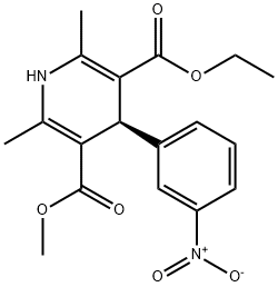 [S,(-)]-2,6-ジメチル-4α-(3-ニトロフェニル)-1,4-ジヒドロピリジン-3,5-ジカルボン酸3-メチル5-エチル 化学構造式