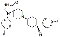 cis-1-(4-fluorophenyl)-4-[1-(4-fluorophenyl)-4-oxo-1,3,8-triazaspiro[4.5]dec-8-yl]cyclohexanecarbonitrile Struktur