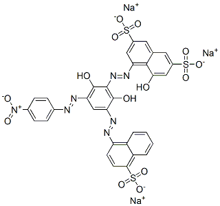 trisodium 4-[[2,6-dihydroxy-3-[(4-nitrophenyl)azo]-5-[(4-sulphonato-1-naphthyl)azo]phenyl]azo]-5-hydroxynaphtalene-2,7-disulphonate Structure
