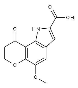 Pyrano(2,3-g)indole-2-carboxylic acid, 1,7,8,9-tetrahydro-5-methoxy-9- oxo- Structure