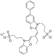 hydrogen 5-phenyl-3-(3-sulphonatopropyl)-2-[2-[[3-(3-sulphonatopropyl)-3H-benzoxazol-2-ylidene]methyl]but-1-enyl]benzoxazolium, lithium salt Structure