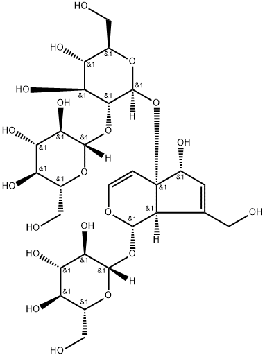 [(1S,7aα)-1α-(β-D-グルコピラノシルオキシ)-5,7a-ジヒドロ-5α-ヒドロキシ-7-(ヒドロキシメチル)シクロペンタ[c]ピラン-4aα(1H)-イル]2-O-β-D-グルコピラノシル-β-D-グルコピラノシド 化学構造式