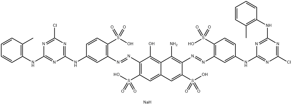 4-アミノ-3,6-ビス[5-[4-クロロ-6-(2-メチルアニリノ)-1,3,5-トリアジン-2-イルアミノ]-2-スルホフェニルアゾ]-5-ヒドロキシ-2,7-ナフタレンジスルホン酸四ナトリウム 化学構造式
