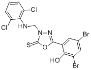 1,3,4-Oxadiazole-2(3H)-thione, 5-(3,5-dibromo-2-hydroxyphenyl)-3-(((2, 6-dichlorophenyl)amino)methyl)- Struktur