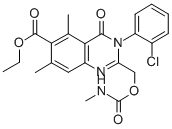3-(2-クロロフェニル)-3,4-ジヒドロ-5,7-ジメチル-2-[[[(メチルアミノ)カルボニル]オキシ]メチル]-4-オキソ-6-キナゾリンカルボン酸エチル 化学構造式