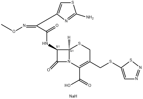 sodium (6R,7R)-7-[[2-(2-amino-1,3-thiazol-4-yl)-2-methoxyimino-acetyl] amino]-8-oxo-3-(thiadiazol-5-ylsulfanylmethyl)-5-thia-1-azabicyclo[4.2 .0]oct-2-ene-2-carboxylate, 82219-81-6, 结构式