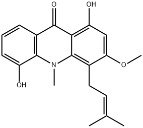 1,5-ジヒドロキシ-3-メトキシ-10-メチル-4-(3-メチル-2-ブテニル)アクリジン-9(10H)-オン 化学構造式
