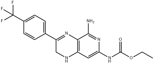 Carbamic acid, (5-amino-1,2-dihydro-3-(4-(trifluoromethyl)phenyl)pyrid o(3,4-b)pyrazin-7-yl)-, ethyl ester Struktur