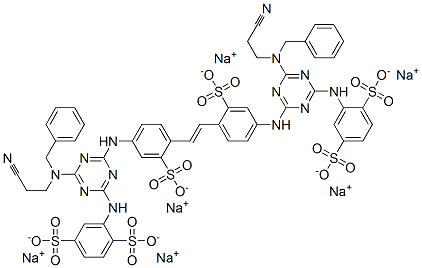 2,2'-[1,2-エテンジイルビス[[3-(ソジオオキシスルホニル)-4,1-フェニレン]イミノ[6-[(2-シアノエチル)(フェニルメチル)アミノ]-1,3,5-トリアジン-4,2-ジイル]イミノ]]ビス(1,4-ベンゼンジスルホン酸ジナトリウム) 化学構造式