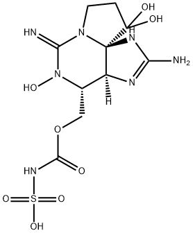 [[[[(3aS,10aS)-2-アミノ-3aα,4,5,6,9,10-ヘキサヒドロ-5,10,10-トリヒドロキシ-6-イミノ-1H,8H-ピロロ[1,2-c]プリン-4α-イル]メチル]オキシ]カルボニル]アミド硫酸 化学構造式