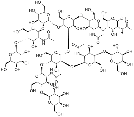 O-BETA-D-吡喃半乳糖基-(1-4)-O-2-(乙酰氨基)-2-脱氧-BETA-D-吡喃葡萄糖基-(1-2)-O-[O-BETA-D-吡喃半乳糖基-(1-4)-2-(乙酰氨基)-2-脱氧-BETA-D-吡喃葡萄糖基-(1-4)]-O-ALPHA-D-甘露糖基-(1-3)-O-[O-BETA-D-吡喃半乳糖基-(1-4)-O-2-(乙酰氨基)-2-脱氧-BETA-D-吡喃葡萄糖基-(1-2)-ALPHA-D-甘露糖基-(1-6)]-O-BETA-D-甘露糖基-(1-4)-O-2-(乙酰氨基)-2-脱氧-BETA-D-吡喃葡萄糖基-(1-4)-2-(乙酰氨基)-2-脱氧-D-葡萄糖, 82867-73-0, 结构式