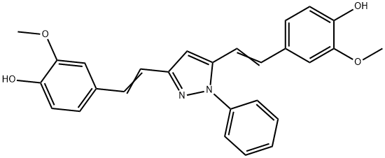 4,4'-(1E,1'E)-2,2'-(1-phenyl-1H-pyrazole-3,5-diyl)bis(ethene-2,1-diyl)bis(2-methoxyphenol) 化学構造式
