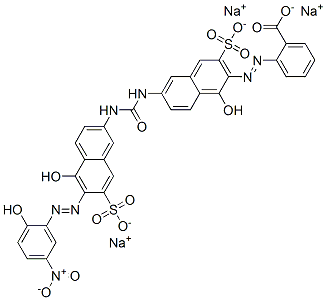 2-[[1-ヒドロキシ-6-[[[[5-ヒドロキシ-6-[(2-ヒドロキシ-5-ニトロフェニル)アゾ]-7-スルホ-2-ナフチル]アミノ]カルボニル]アミノ]-3-スルホ-2-ナフチル]アゾ]安息香酸三ナトリウム 化学構造式