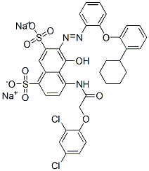 disodium 6-[[2-(2-cyclohexylphenoxy)phenyl]azo]-4-[[(2,4-dichlorophenoxy)acetyl]amino]-5-hydroxynaphthalene-1,7-disulphonate Struktur