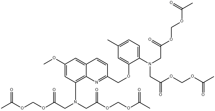 N-[2-[[8-[ビス[[(アセトキシメトキシ)カルボニル]メチル]アミノ]-6-メトキシ-2-キノリニル]メトキシ]-4-メチルフェニル]-N-[[(アセトキシメトキシ)カルボニル]メチル]グリシンアセトキシメチル 化学構造式