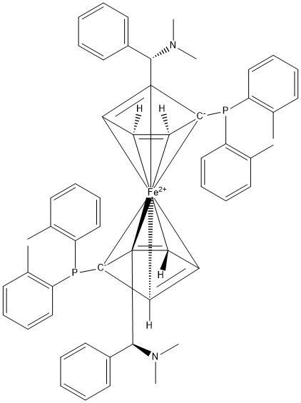 (RP,R′P)-1,1′-双[双(2-甲苯基)膦基]-2,2′-双[(S)-Α-(二甲氨基)苯甲基]二茂铁 结构式