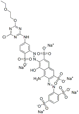 pentasodium 4-amino-6-[[5-[[4-chloro-6-(2-ethoxyethoxy)-1,3,5-triazin-2-yl]amino]-2-sulphonatophenyl]azo]-3-[(2,5-disulphonatophenyl)azo]-5-hydroxynaphthalene-2,7-disulphonate Struktur