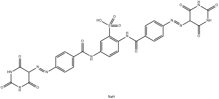 sodium 2,5-bis[4-[(hexahydro-2,4,6-trioxo-5-pyrimidinyl)azo]benzamido]benzenesulphonate 结构式