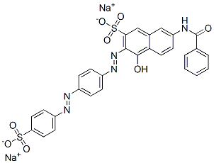 7-(苯甲酰基氨基)-4-羟基-3-[[4-[(4-磺基苯基)偶氮]苯基]偶氮]-2-萘磺酸钠盐 结构式