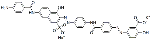 potassium sodium 5-[[4-[[[4-[[6-[(4-aminobenzoyl)amino]-1-hydroxy-3-sulphonato-2-naphthyl]azo]phenyl]amino]carbonyl]phenyl]azo]salicylate 结构式